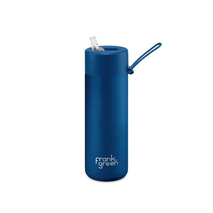 A ceramic 20oz straw bottle in blue