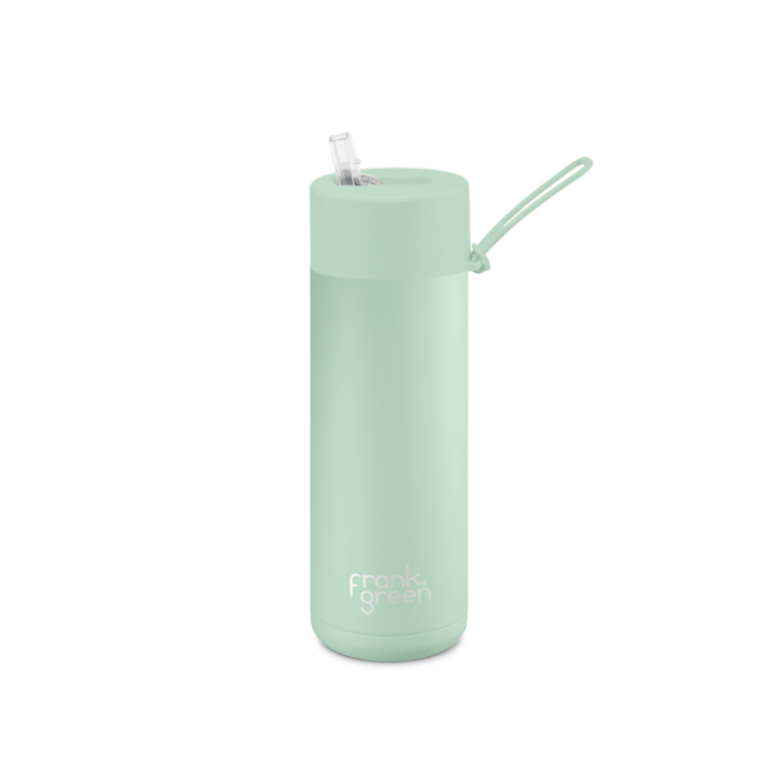 A ceramic 20oz straw bottle in mint green