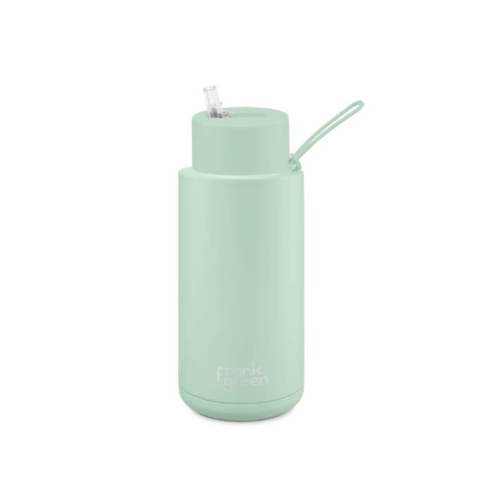 A ceramic 34oz straw bottle in mint green