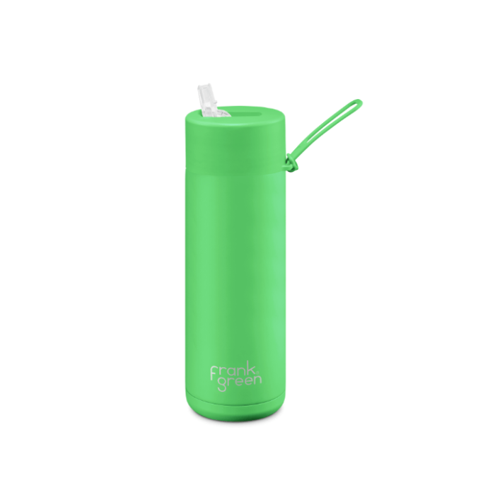 A ceramic 20oz straw bottle in neon green