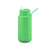 A ceramic 34oz straw bottle in neon green