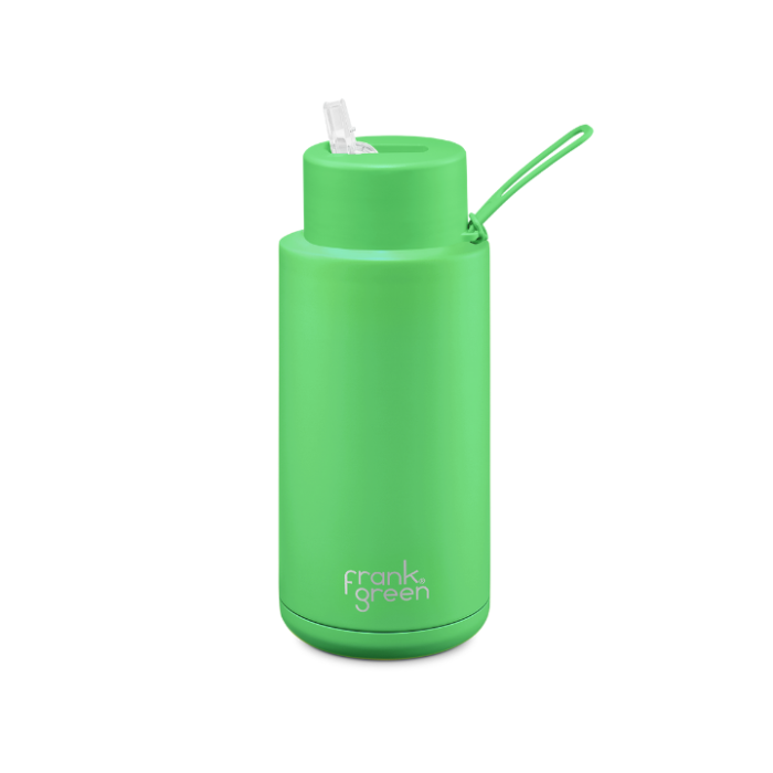 A ceramic 34oz straw bottle in neon green