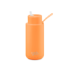 A ceramic 34oz straw bottle in neon orange