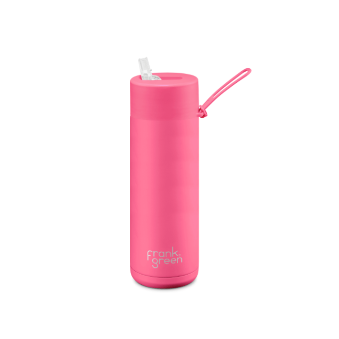 A ceramic 20oz straw bottle in neon pink