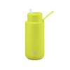 A ceramic 34oz straw bottle in neon yellow